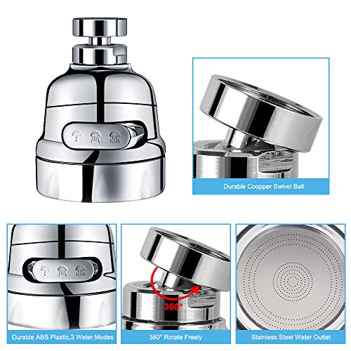 Faucet Sprayer Attachment, Rotate Swivel Water Saving Tap Aerator, Kitchen Faucet Head Replacement, 3 Mode Adjustable Faucet Extender for Kitchen, Bathroom