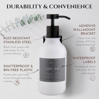 Shower Shampoo Dispenser Wall Mounted – 3 Refillable 16.9 oz White Bottles with Stainless Steel Pumps & No-Drill Adhesive Holders – Soap Dispenser Set for Bathroom (3 X White/Black) - color: 3 X White/Black