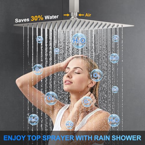 Shower Faucet Set, 12" Ceiling Mount Rainfall Shower System with 2 Rain Shower Head and Multi-function Handheld Head Push Button Diverter Shower Faucet Trim Kit (12", Brushed Nickel) - color: Brushed Nickel, style: 12"-Ceiling-01