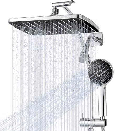 Shower Head with Handheld,High Pressure Chrome Slide Bar ShowerHead | Regaderas Para Shower,11.8" Rectangular,Rain Shower Head,Dual Shower Head,Bathroom Decor,Extension Arm,5 Spray Mode - color: C-Chrome, style: Rectangular 12"