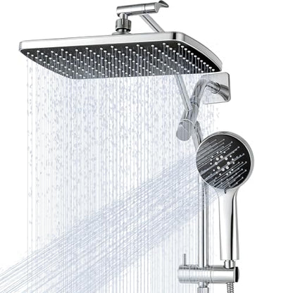 Shower Head with Handheld,High Pressure Chrome Slide Bar ShowerHead | Regaderas Para Shower,11.8" Rectangular,Rain Shower Head,Dual Shower Head,Bathroom Decor,Extension Arm,5 Spray Mode - color: C-Chrome, style: Rectangular 12"