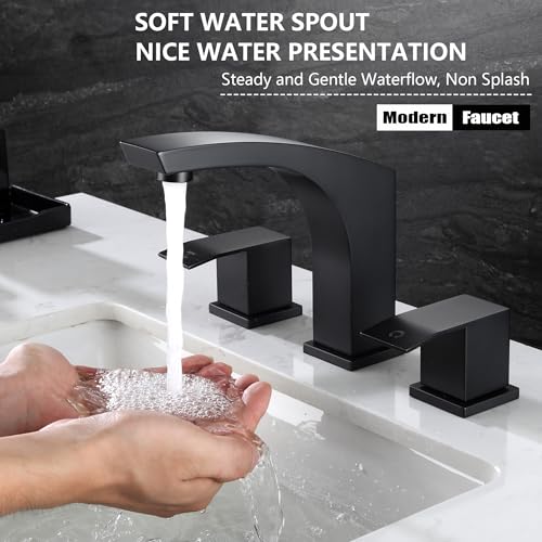 3 Hole Bathroom Faucet Matte Black, 2 Handle 8 inch Widespread Bathroom Sink Faucet with Pop Up Drain and cUPC Supply Hose, Black Bathroom Vanity Faucet 3 Hole WI37151BK | 2 Handle Sink Faucet with Pop Up Drain and cUPC Supply Hose, Stainless Steel Square