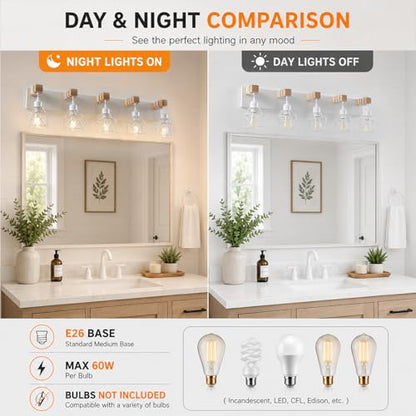 Farmhouse Vanity Light Fixture,5-Light Bathroom Lighting,White Modern Wood Wall Light Over Mirror with Metal Shade,LED Bulbs Not Included - color: White, size: 5-Light-Wide 35"