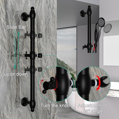 Brass Shower Slide Bar with Handheld Shower Head, Adjustable Height Wall-mounted Retro Hand Shower Head Holder with 59 inch Hose for Bathroom, Matte Black - color: Matte Black