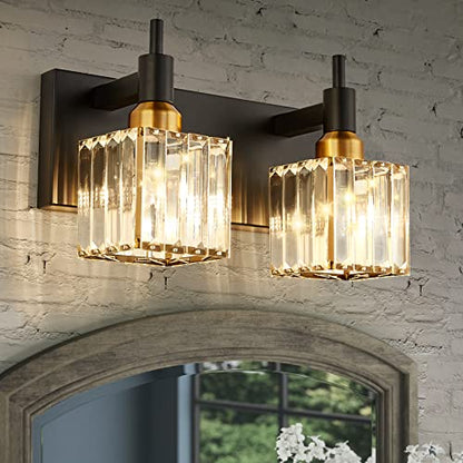Modern Crystal Bathroom Vanity Light 2-Lights Black and Gold Bathroom Light Fixtures Over Mirror Bath Wall Sconce Lighting with Adjustment Angle - color: Black Gold-Square Shade, size: 2-Light