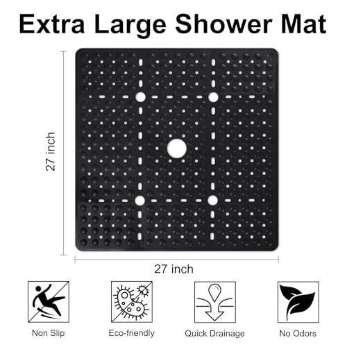 Square Shower Mat Non Slip, 27 x 27 Inch Quick Drain TPE Anti Slip Shower Mats for Inside Shower, Soft Shower Floor Mat with Suction Cups, Quick Drying, Machine Washable - color: Black