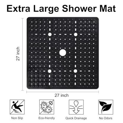 Square Shower Mat Non Slip, 27 x 27 Inch Quick Drain TPE Anti Slip Shower Mats for Inside Shower, Soft Shower Floor Mat with Suction Cups, Quick Drying, Machine Washable - color: Black