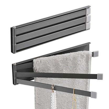 Swivel Towel Rack Thicken Metal 3-Arm Towel Bar Space Saving Wall Mounted Towel Holder with Rustproof Swing Out Towel Hanger for Bathroom Kitchen Matte Black - color: Matte Black-9.4 Inch