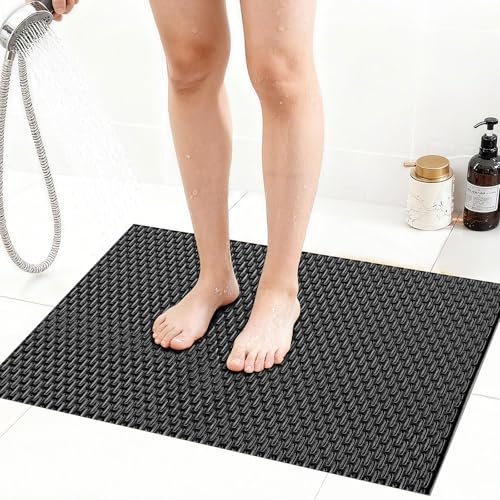 Extra Large Non-Slip Shower Mat, Fast-Dry PVC Bath Stall & Tub Mat, Drain-Hole Design,for Shower Stall Tub for Elderly/Kids，Non Slip Bathroom Safety Accessory，Black 32"x17" - color: Black, size: 32" x 17" (Rectangular)