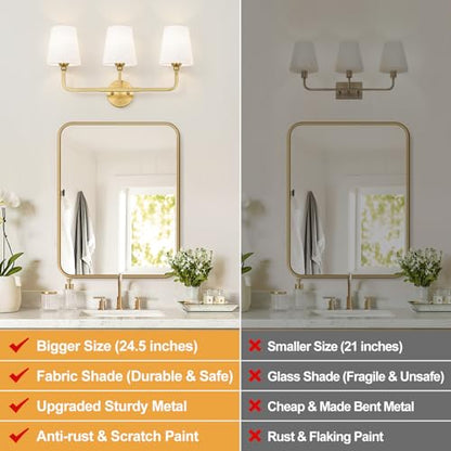 MOKATNG Bathroom Light Fixtures, 3-Light Brushed Gold Vanity Lights, Bathroom Lighting Fixtures Over Mirror with Flared White Fabric Shade, Modern Wall Sconces for Living Room Hallway - color: Brushed Gold & White Shade