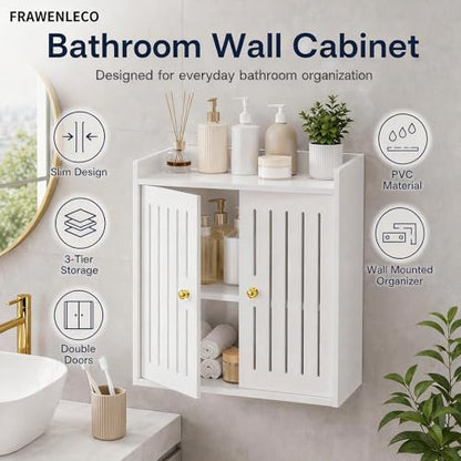 Bathroom Wall Cabinet, Wall Mounted Bathroom Organizer with Double Doors, No Drill PVC Storage Shelf for Toilet, Vanity, Washroom, Sink Area, White Bathroom Cabinet, 15.7 x 7.9 x 15.7 in
