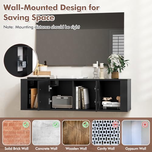 Giantex Wall Mounted Storage Cabinet 2 Cube Floating Media Hanging Desk W/2 Doors and 2 Open Shelves, Home Office Furniture for Kitchen, Bathroom, Living Room Floating Console Hutch (Black) - color: Black