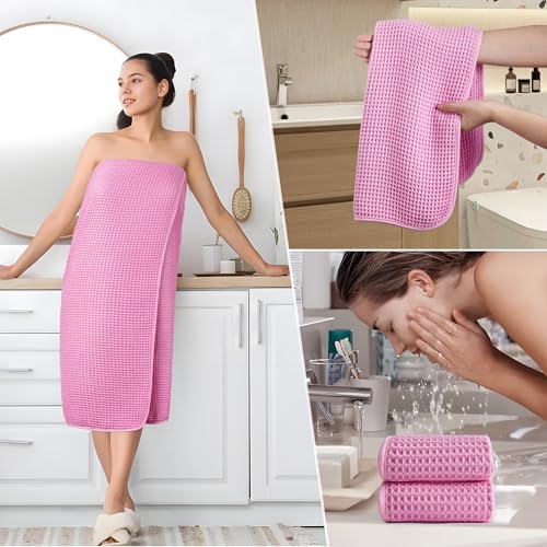 POLYTE 430 GSM Poly Blend Microfiber Quick Dry Waffle Bath Towel Set of 6 | 2-Body Towels, 2-Hand Towels, 2-Wash cloths, Oversize, Lint Free - color: Pink