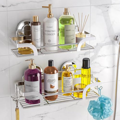 Shower Caddy Suction Cup 2 Pack, Shower Shelf for Inside, Silver | Heavy Duty Bathroom Organizers, No Drill Shower Storage, Rustproof Metal Shower Basket, Shampoo Holder, Wall Shower Caddies - color: 2 X Silver