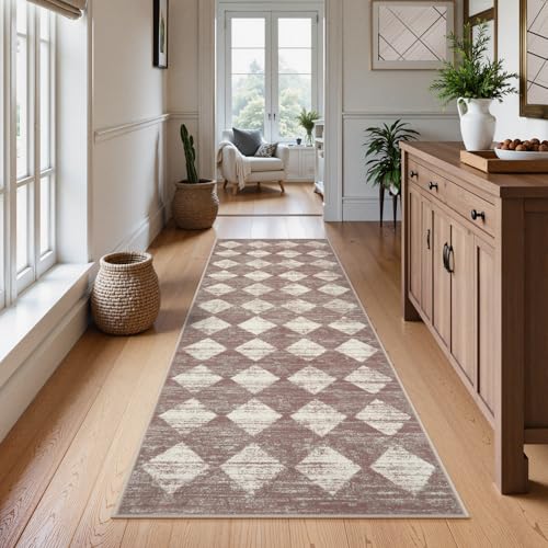 Checkered Runner Rug 2x8 Beige, Hallway Kitchen Bathroom Non Slip Washable - color: Beige, size: 2' x 8' (Runner)