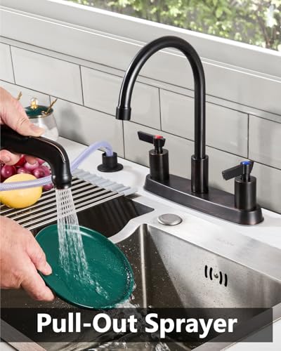 Kitchen Faucet with Side Sprayer, 8 Inch Centerset 4-Hole Bronze | Lead-Free 4-Hole High Arc Kitchen Sink Faucet, 1.8 GPM, 360° Spout - color: Bronze