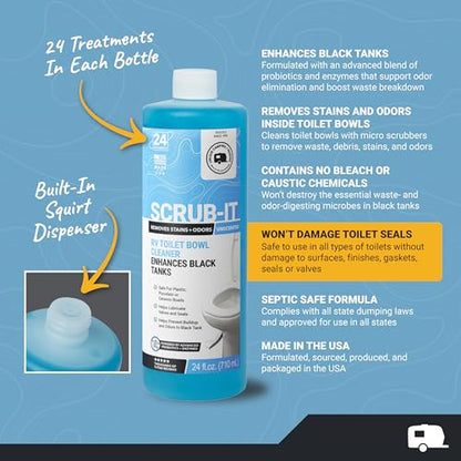 Unique Scrub-It Liquid RV Toilet Cleaner & Brush Bundle, 24 oz 2-Pack | Includes 2 liquid cleaners & silicone brush for stains, odors, debris, & routine RV toilet bowl care - size: 48 Fl Oz (Pack of 1)