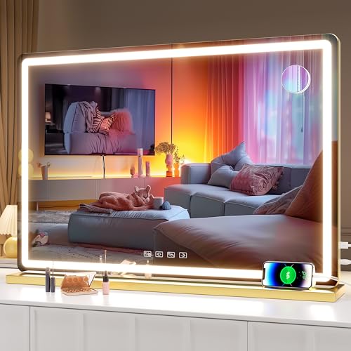 Hasipu Vanity Mirror with Lights and Bluetooth Speaker, 32" x 21.7" LED Makeup Mirror, Lighted Makeup Mirror with Dimmable 3 Modes, USB Charging Port, Round Gold - color: Gold, size: 32"L x 21.7"W