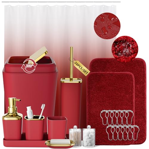 XLHOMO Burgundy Bathroom Accessories Set with Shower Curtain and Rugs, Dark Red Bathroom Accessories with Trash Can,Toothbrush Holder and Cup,Soap Dispenser,Tray,Soap Dish,Toilet Brush,Qtip Holders - color: Burgundy, size: Bathroom Set+Shower Curtain+Bath