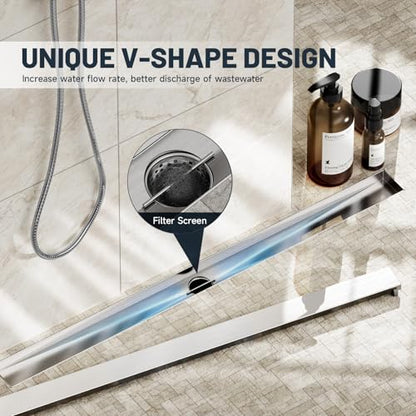 Linear Shower Drain 36 Inch Shower Trench Drain with Tile Insert Grate | Evolvegoods 304 Stainless Steel Bathroom Floor Drain,Rectangular Shower Drain with Leveling Feet,Hair Strainer,Brushed Nickel - size: 36 Inches