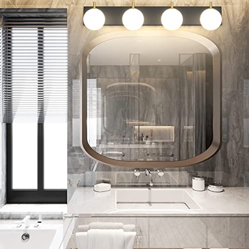 Aipsun Mid Century Modern Vanity Light 4 Lights Milky Glass Modern Bathroom Light Fixtures Over Mirror(Exclude Bulb) - color: Black+Gold, size: 4 Lights