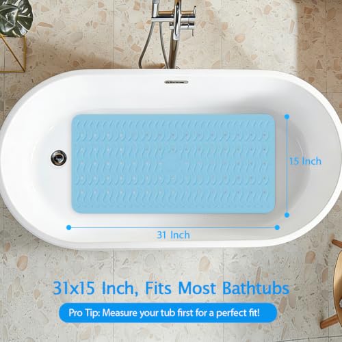 Non Slip Bathtub Mat & Shower Mat, 31x15 Anti Slip Bath Mat for Tub, Soft TPE Anti-Skid Bathroom Mat with 194 Suction Cups & Drain Holes, Wave-Textured Grip, Machine Washable (Light Blue) - color: Light Blue