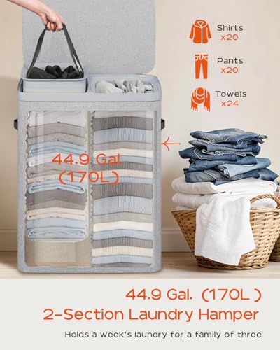 CASAMAYA Laundry Basket with Lid, Laundry Hamper 2 Section, 170L collapsible Laundry Organizer, Easy Assembly, with Handles and Removable Liners, 22 x 15.7 x 29.5 Inches, Gray JSP903G - color: Gray, size: 170L(2-Section)