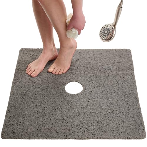 Enkosi Loofah Shower Mat with Drain Hole – Cushioned Anti-Slip Square Bath Mat for Showers, and Bathroom Floors – Textured PVC, Non Slip Safety Pad for Walk-in Stalls and Wet Areas (27x27 Grey) - color: Grey, size: 27" x 27" (Square)