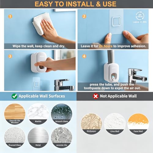 MOPMS Automatic Toothpaste Dispenser Wall Mounted for Kids and Adult 1Pcs | Automatic Toothpaste Squeezer Holder for Bathrooms - color: Light Grey