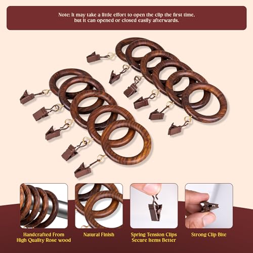 Handcrafted Rosewood Shower Curtain Rings with Clips – 3.5" Outer, 2.7" Inner Diameter – Smooth Wooden Rings with Metal Clips for Shower Curtains and Bathroom Drapes – Pack of 24 - size: 2.7" Inner Diameter