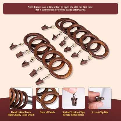 Handcrafted Rosewood Shower Curtain Rings with Clips – 3.5" Outer, 2.7" Inner Diameter – Smooth Wooden Rings with Metal Clips for Shower Curtains and Bathroom Drapes – Pack of 24 - size: 2.7" Inner Diameter