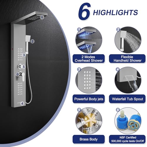 ROVATE 5 in 1 LED Rainfall Waterfall Shower Panel Tower System, Brushed | High Pressure Stainless Steel Shower Column with Tub Spout, Powerful Body Jets, Flexible Handheld, Brass Mixing Valve Body - style: 5 Modes-Brushed-2 Jets