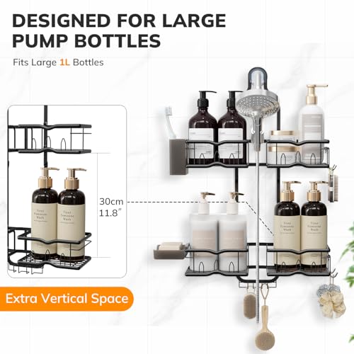 Heavy-Duty Shower Caddy Hanging for Handheld Showerhead, 2-Tier Adjustable Height Bathroom Organizer with 10 Hooks & Soap Holder, Rustproof Carbon Steel Anti-Swing Shower Shelves, Black