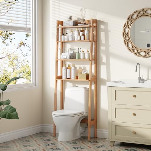 Over The Toilet Storage Shelf, 4-Tier Wood Toilet Shelf for Bathroom | Freestanding over toilet bathroom organizer with Anti-Tip Kit, Space Saver Design for Bathroom,Laundry and Kitchen,Natural - color: Natural