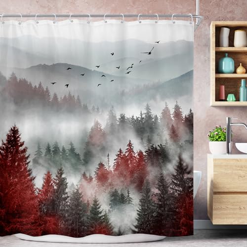Red Black Mountain Nature Scenery Foggy Bathroom Shower Curtain Set | 72"W x 72"L shower curtain， Pine Tree: HD waterproof print, quick-dry cloth, free hooks for easy installation. - color: A-04red, size: 72"W x 72"L (Pack of 1)