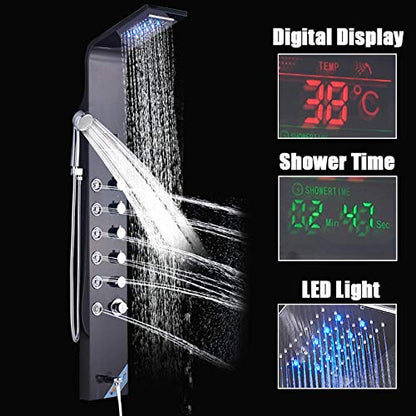LCD Temperature Display Shower Panel Bathroom Tower Shower Column with Body Massage Jets LED Shower Head-Black (Color : Black) - color: Black