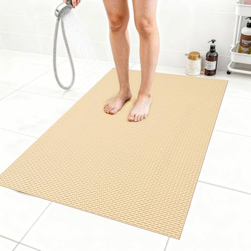 Extra Large Non-Slip Shower Mat, Fast-Dry PVC Bath Stall & Tub Mat, Drain-Hole Design,for Shower Stall Tub for Elderly/Kids，Non Slip Bathroom Safety Accessory，Beige 32"x47" - color: Beige, size: 47" x 32" (Rectangular)