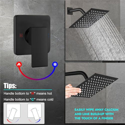 Heyalan 8 Inch Square Rain Shower Faucet Set with Valve, Matte Black | Female-thread 1/2-inch NPT connections, SUS304 shower head, brass rough-in valve, single-handle control Shower Set - color: Black, size: 8 Inch Square Shower Head