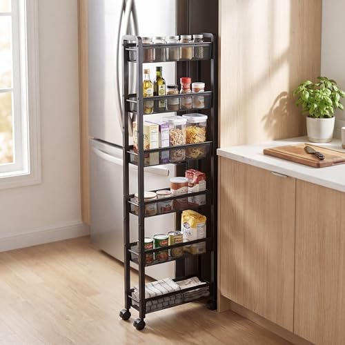 6 Tier Slim Rolling Storage Cart, Narrow Kitchen Storage Cart, Spice Rack Organizer with Wheels, Space Saving Shelf for Living Room, Laundry Room, Bathroom, Narrow Spaces