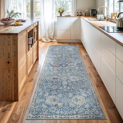 Bloom Rugs Caria Washable Non-Slip 7 ft Runner - Blue/Beige Traditional Runner for Entryway, Hallway, Bathroom, and Kitchen - Exact Size: 2'6" x 7' - color: Blue / Beige, size: 2'6" x 7' (Runner)