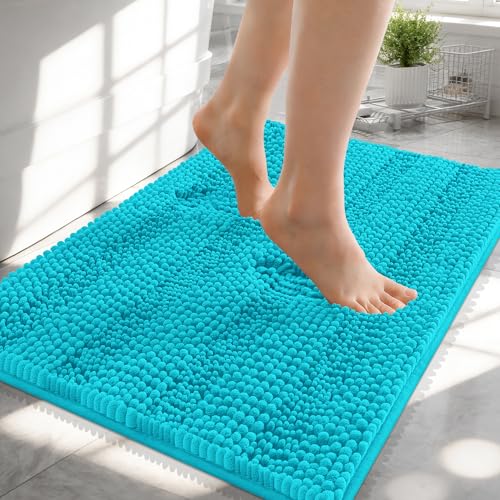 OLANLY Thick Small Bathroom Rugs 24x16, Soft Chenille Bath Rugs, Aqua Sky | Rubber Backing, Machine Wash, Extra Absorbent Striped Bath Mats for Bathroom Floor, Tub and Shower, Home Decor Accessories - color: Aqua Sky, size: 24" X 16"