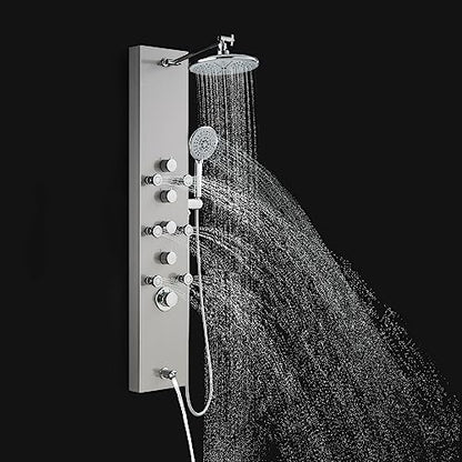 ROVOGO Shower Panel Tower System - Use 4 Shower Modes at the Same Time | Rain Shower Head, Handheld, 6 Body Jets and Tub Spout, Height Adjustable Shower Arm, Stainless Steel Shower Column, Brushed - color: Brushed-Adjustable Rain Head
