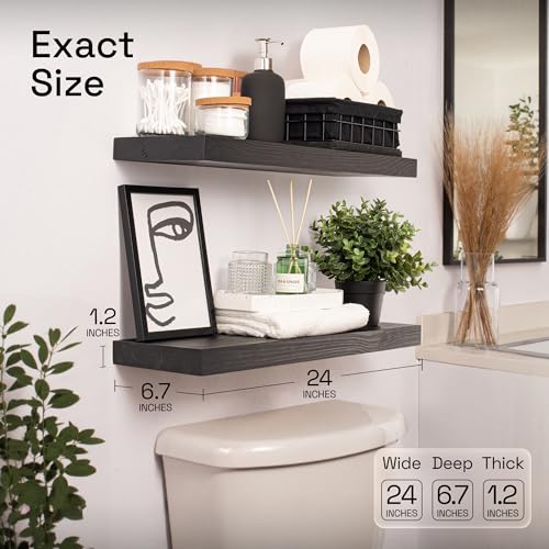 Solid Wood Floating Shelves for Wall 24 inch Black, Wooden Bathroom Shelf | Real Wood, Wall Mounted, Heavy Duty, Bedroom Kitchen Living Room, Black Finish, 24W x 6.7D, Set of 2 - color: Black, size: 24 Inch