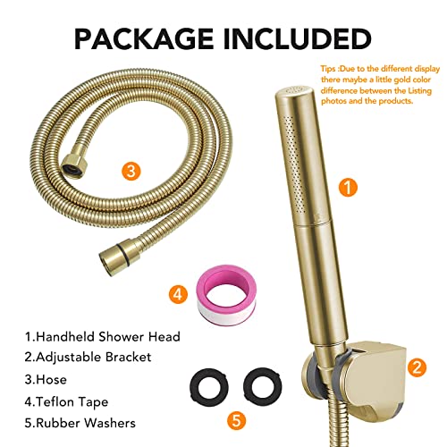 Handheld Shower Head Sprayer Shower Wand Hand Shower Showerhead Gold | High Pressure Showerhead, Hand Held, Brass Shower Head, Wall Mounted, 60 In Stainless Steel Shower Hose - color: Gold