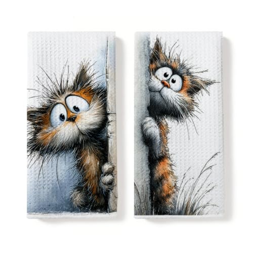 2 Pcs Funny Cat Kitchen Towels, Cat Gifts Reusable Hand Towel | Cat Decorative Waffle Dish Towels for Kitchen Home Bathroom Decor, Animal Cat Gifts for Women Girls Mom 14x24 Inch - color: Multi 0787