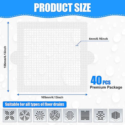 Disposable Shower Drain Hair Catcher, 40Pcs Floor Drain Mesh Strainer Sticker with Waterproof Adhesive, Anti-Blocking Filter Sticker Hair Catchers for Bathtub Bathroom Kitchen, Square 105mm