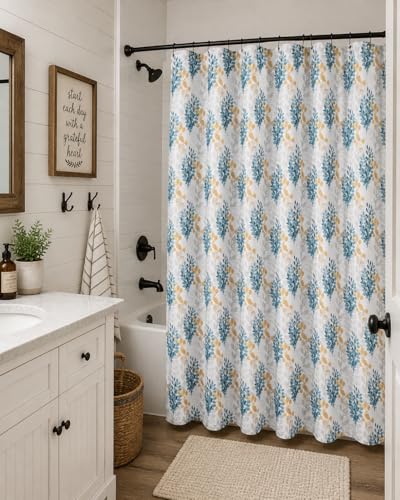 Serafina Home Hotel Quality Fabric Bathroom Shower Curtain: Floral Leaf Damask - Blue, Teal, Yellow, Grey and White (72 x 70 inches) - color: Laura