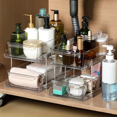 2 Tier Clear Organizer with Dividers for Cabinet, Shlef, Counter - MultiUse Slide-Out Storage Container - Kitchen, Pantry, Medicine Cupboard Bins, Bathroom, Vanity Makeup, Under Sink Organizing - size: 8" W - 1 Set