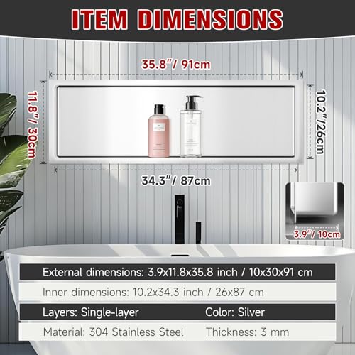 VELPAX No Tile Needed Shower Niche 12"X 36", Bathroom Wall Niche Single Shelf, Stainless Steel Shower Niche for Bathroom, Kitchens, Balconies - color: Silver, size: 12"X 36" Single Shelf