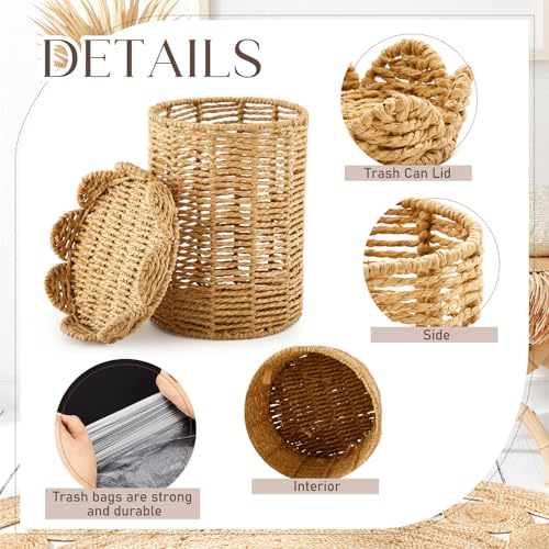Ctosree 1.3 Gallons Small Wicker Trash Can with Lid Handle Woven Wicker Rattan Bathroom Waste Basket Boho Trash Basket with 100 Plastic Garbage Bags for Bedroom Laundry (Scalloped Style, Natural) - color: Natural, size: 1.3 Gallons, style: Scalloped Style